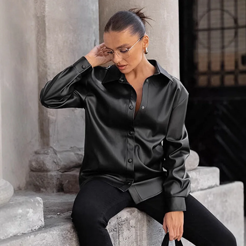 

Black Women's Autumn PU Leather Jacket Turn Down Collar Single Breasted Long Sleeves Lady Blazer High Street Outwear For Female