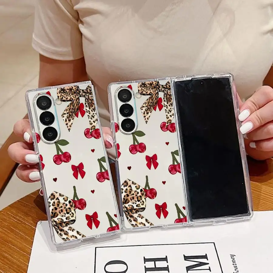 Cherry Leopard Bow Phone Cover Case for Samsung Galaxy Z Fold 8 Ultra Z Fold 7 6 5 4 3 ZFold3 ZFold6 ZFold7 ZFold4 ZFold5