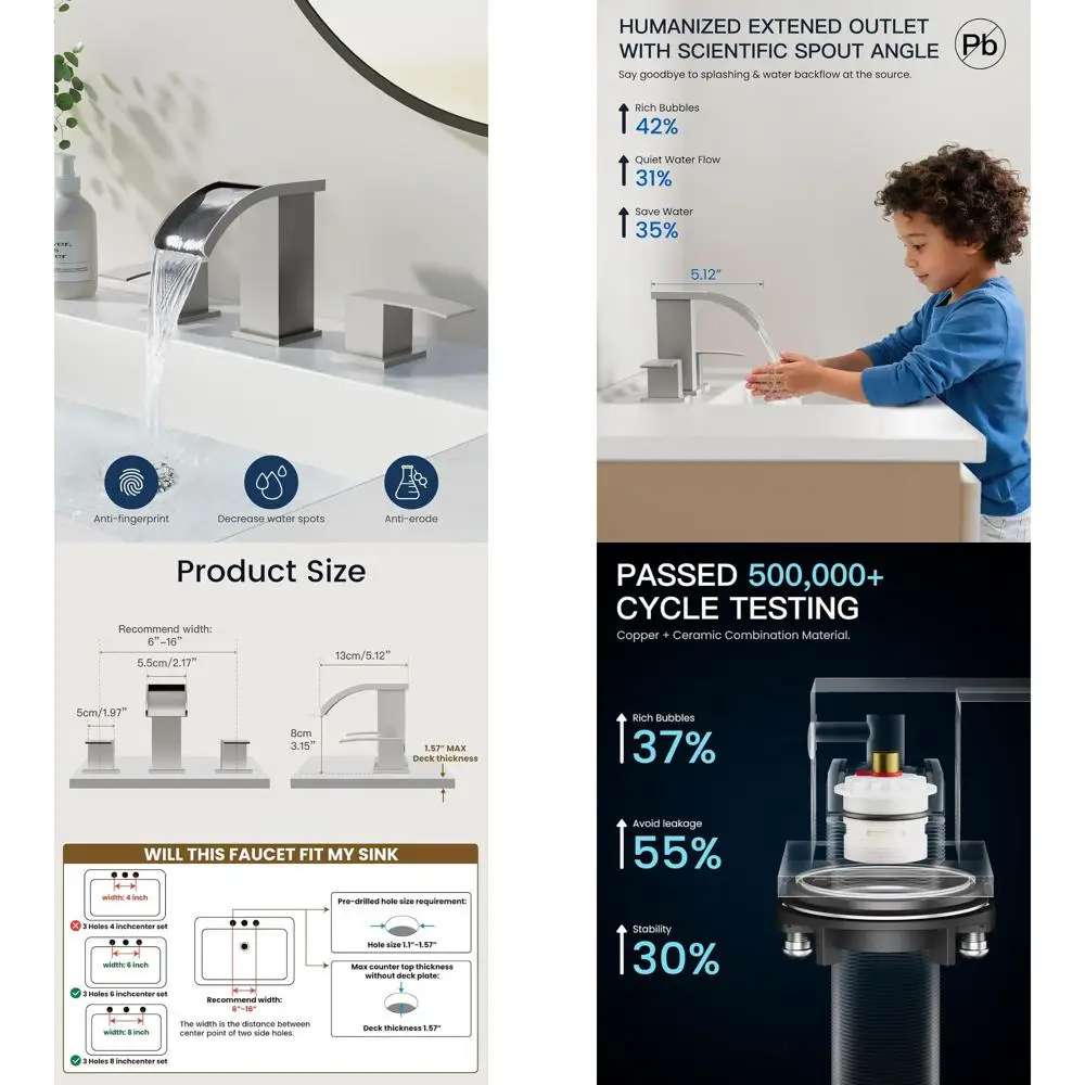 

8 Inch Widespread Bathroom Faucet Set with 3 Holes, 2 Handles, LavaDeck Mount, Up Drain, and Water Supply Lines in Square Body D