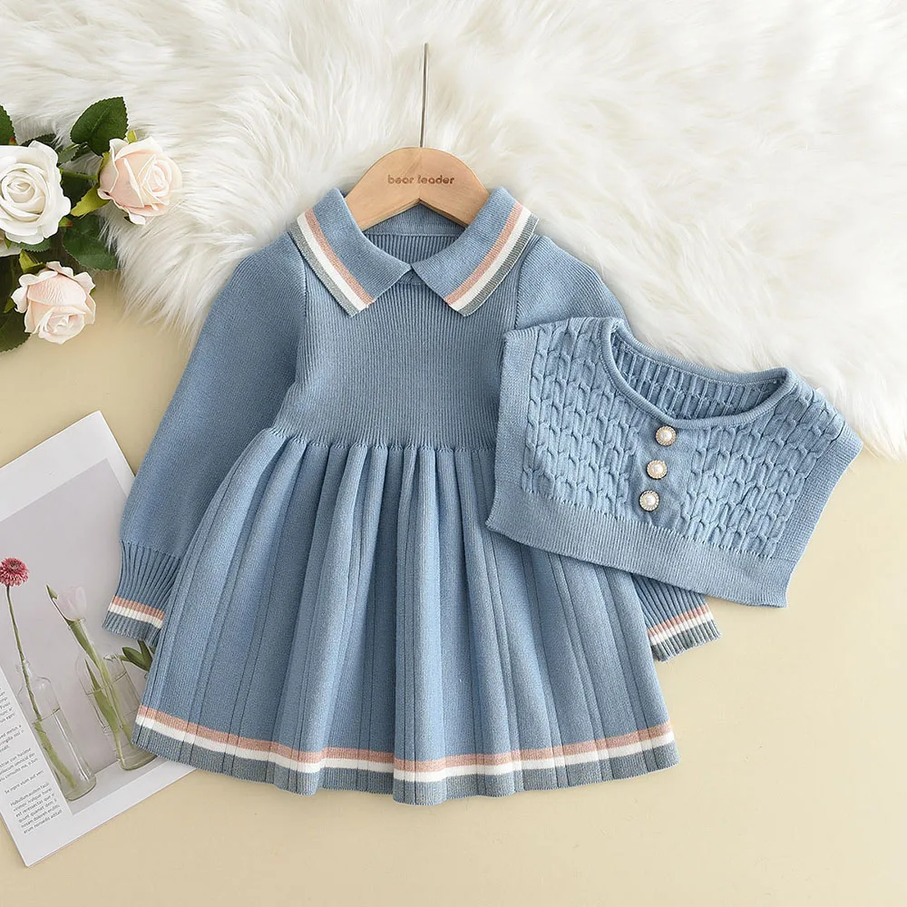 Bear Leader Autumn Winter Girls Sweater Long Sleeve Dress Vest Stripe Party Girl Baby Retro Knitted Wool Dress Casual Vestidos