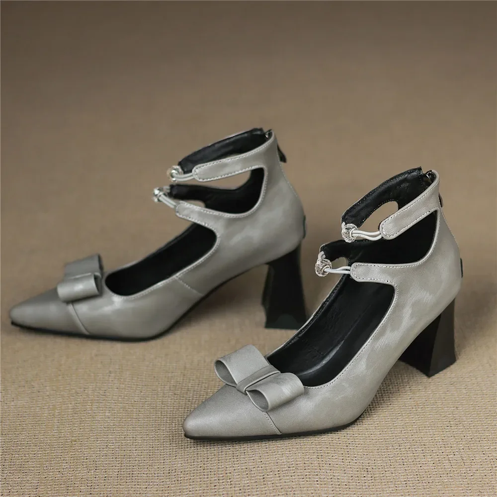 

Женские туфли-лодочки с острым носком на массивном каблуке на молнии с двойной пряжкой и ремешком с бантом, обувь для свиданий и вечеринок, большие размеры 34-43, весенняя новинка