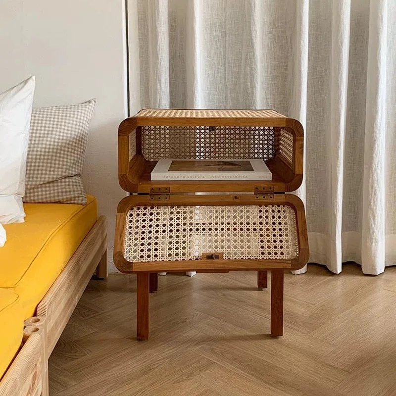 sb-Minimalist Modern Design Solid Wood Rattan Bedside Table Storage Lightweight Breathable Multiple Colour Options Hotel Bedroom