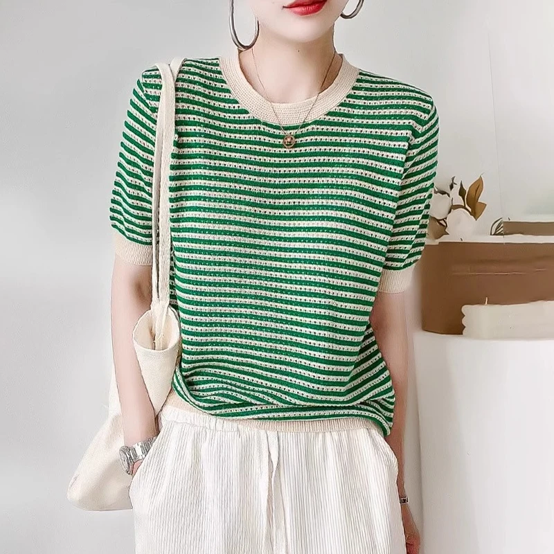 Women Punching Color Color Round Knit-ice Loose Thin Half-sleeved Pullover Top KN1545