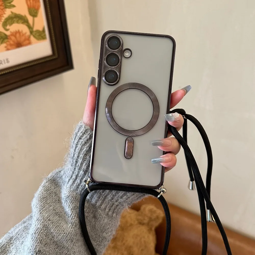 Crossbody Lanyard Phone Case for IPhone 11-17 Pro Max/Plus, Hands-Free Mirror Chrome Strap Cover