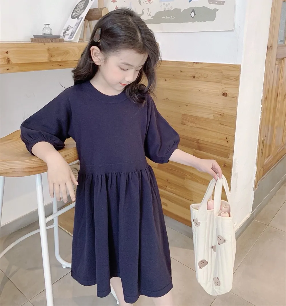 baby dresses fall dress baby girls clothes cotton soft Solid color navy blue girls' dress Minimalist style dress