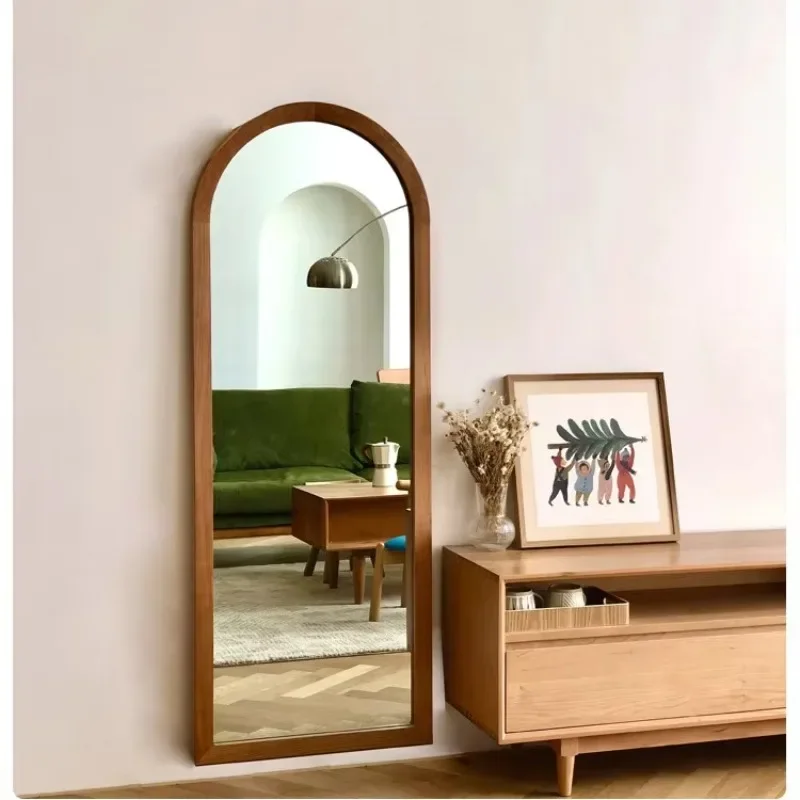French literary and retro style, solid cherry wood wall floor mirror, arched full-length vanity mirror