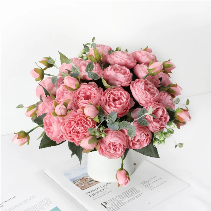 30cm Rose Pink Silk Bouquet Peony Artificial Flowers 5 Big Heads 4 Small Bud Home Decor Wedding Flower Wall Decorative Flower