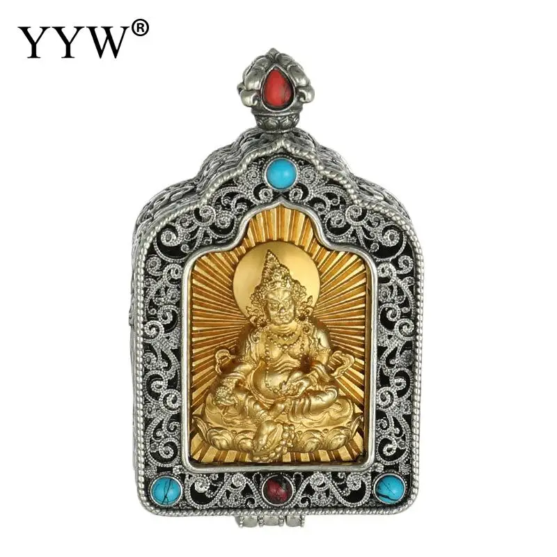 Tibetan Filigree Hollowed Out Yellow God Of Wealth Gaw Box Vajrapani Manjushri Bodhisattva Foe Men Holds Incense Pendant 30x52mm