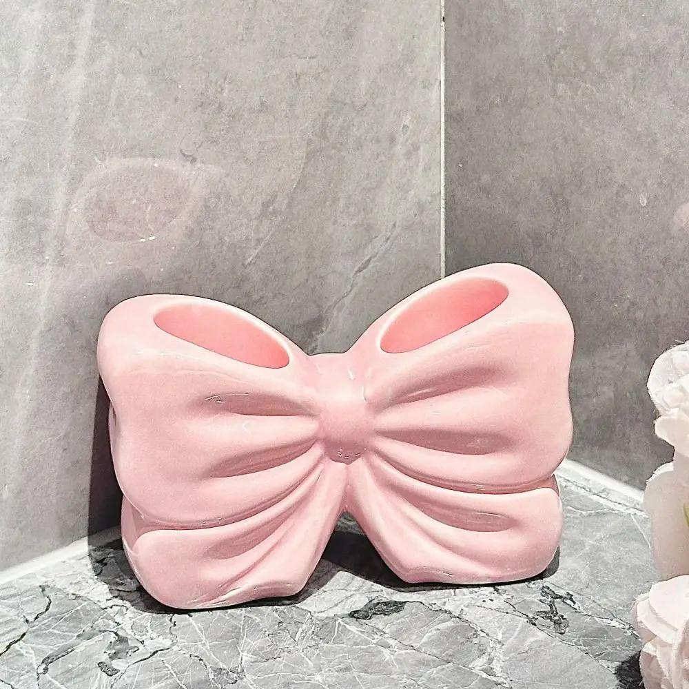 Simple Ceramic Bow Toothbrush Holder Pink White Creative Brush Holder Bathroom Organizer