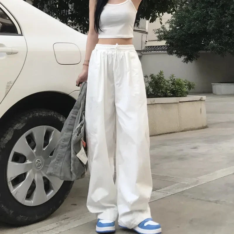 Y2K بنطال بساق واسعة للنساء ، ملابس الشارع الكورية ، فضفاضة تناسب كل شيء ، بي في دي هيب هوب ، بنطال رياضي ، موضة الصيف ، هاراجاكي غير رسمي ، بنطال أبيض
