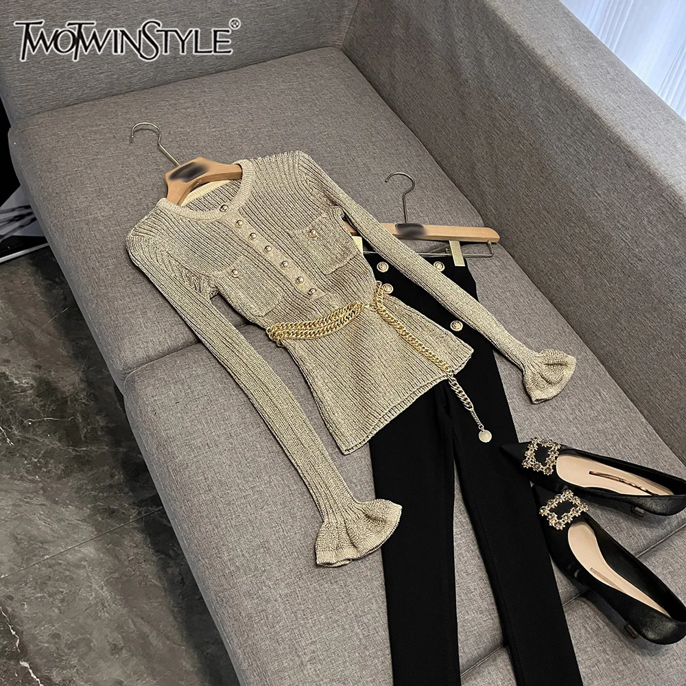 

TWOTWINSTYLE темпераментные вязаные свитера для женщин с круглым вырезом и длинными рукавами, элегантный тонкий женский свитер KMY553388