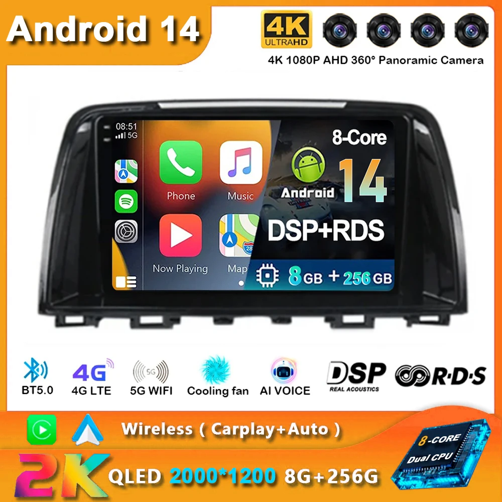 Android 14 For Mazda 6 GJ Atenza 2012 2013 2014 2015 2016 2017 Carplay Auto Car Multimedia All-in-one Car Radio Video Player GPS