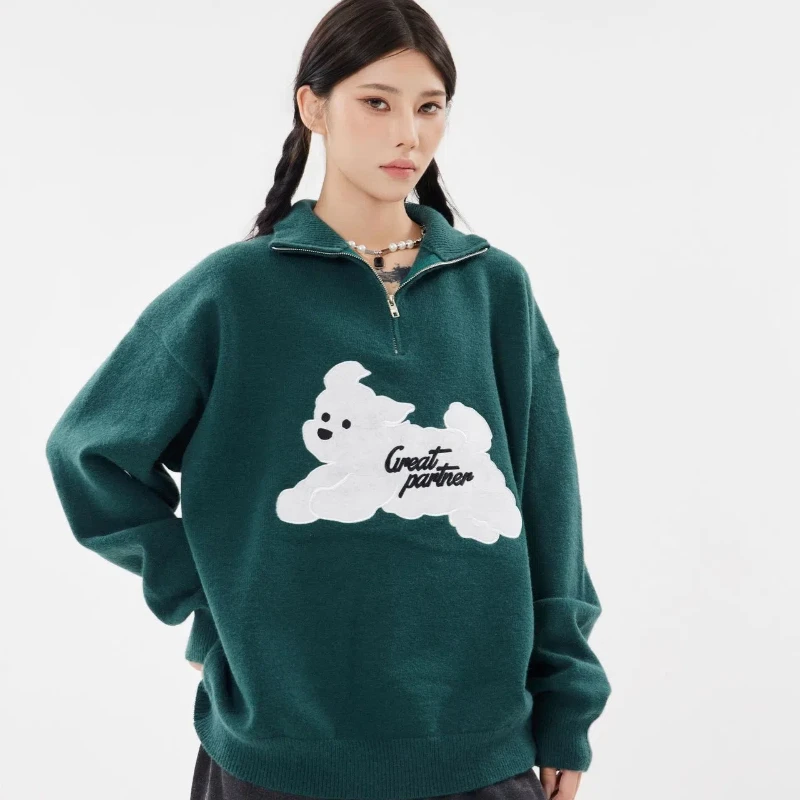 Autumn Winter Half Zipper Pullover Sweaters Men Oversized Hip Hop Streetwear Fashion Cartoon Puppy Warm Knitted Sweater Women