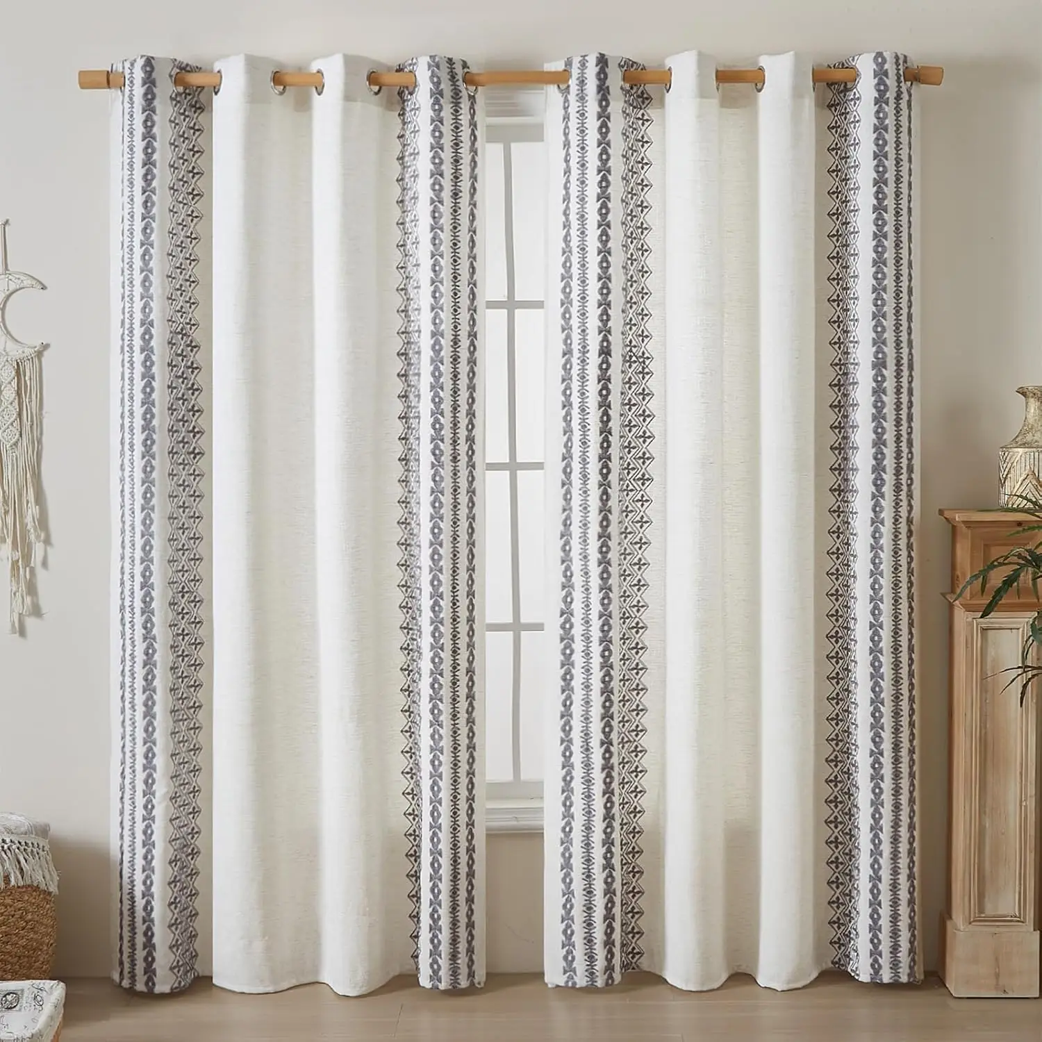1 x Bauernhaus-Vorhänge für Wohnzimmer, Vintage-Stil, floral gestreift, strukturierte Leinenvorhänge, Boho-gestickter Cottage-Vorhang