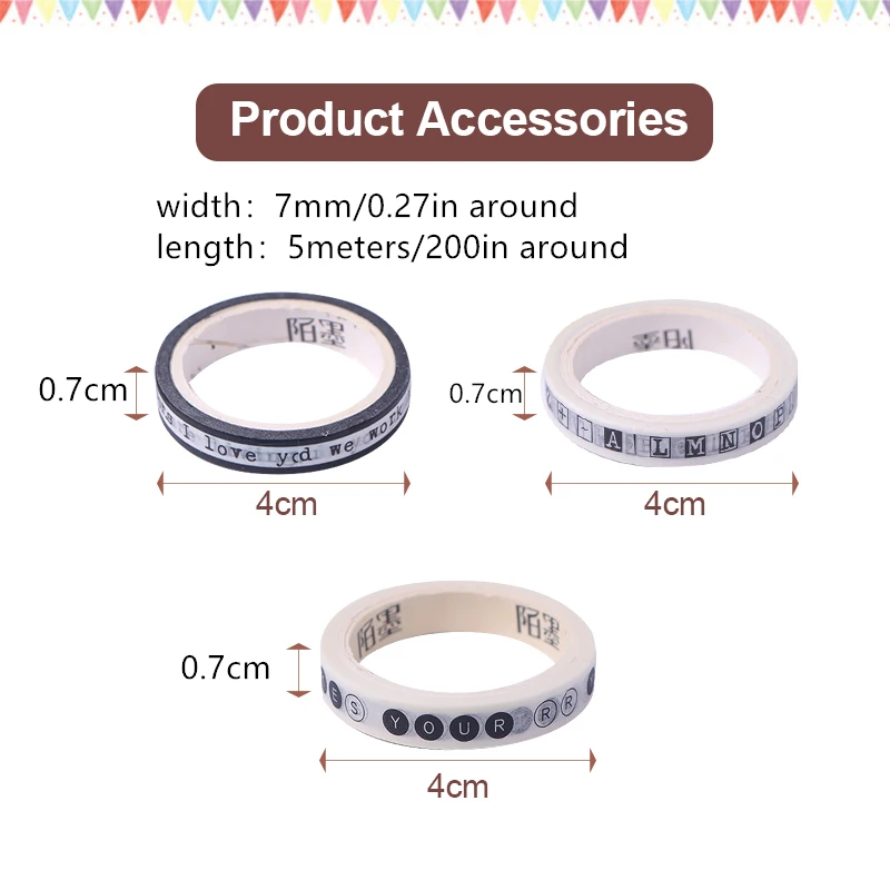 7mm Thin Alphabet Quote Washi Tape 5m Black White Letter Decorative Tape for Journal Border Planner Scrapbook DIY Single Roll
