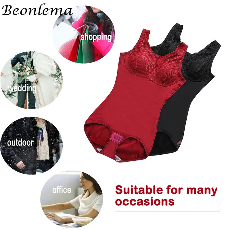 Fleece Thermal Underwear Tummy Control Belly Fat Burner Removable Chest Pad Widened Shoulder Strap 3 Rows Hook Bodysuit