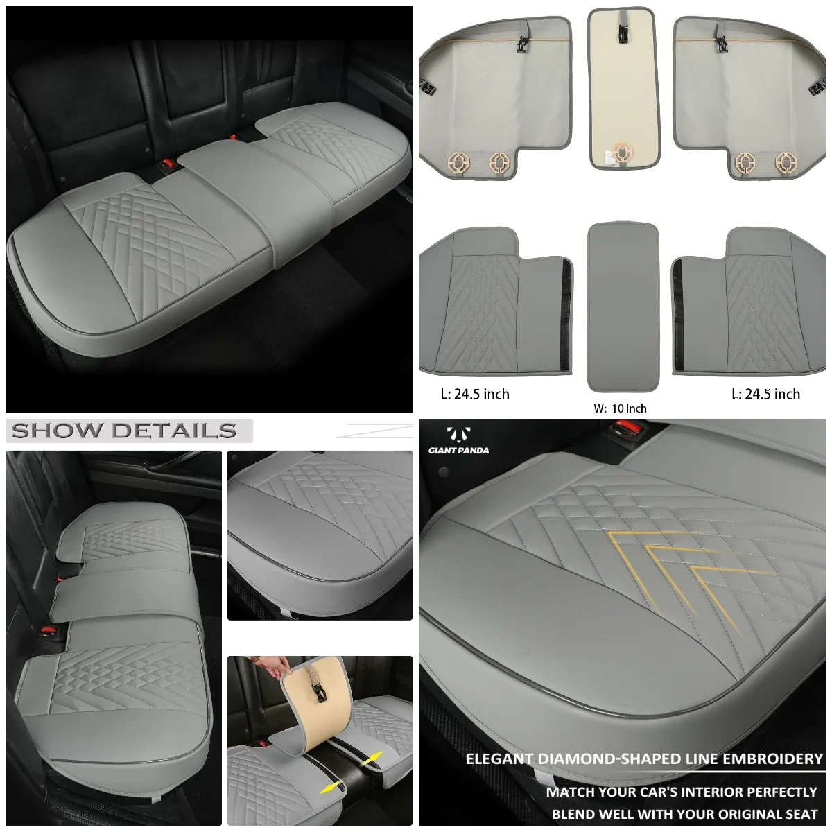 

Premium PU Leather Rear Car Seat Cover, Adjustable Anti-Slip, Fits 90% Vehicles, Grey