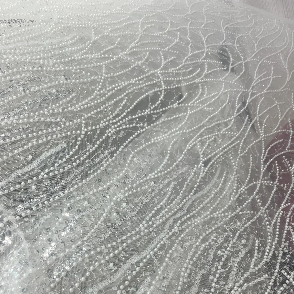 Pearls Crystal Sequins Lace Fabric for Wedding Off White 1 Yard Price 2023 130CM Wide Gauze Embroidered Beading Lace