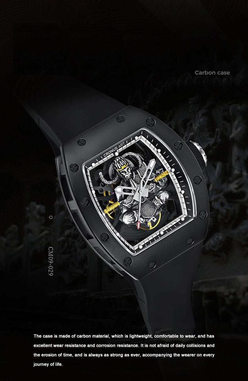 Reloj Automático CRONUSART para hombre, reloj de pulsera mecánico de 50mm x 42mm, caja Tonneau de acero al carbono, esfera luminosa hueca del Rey Mono