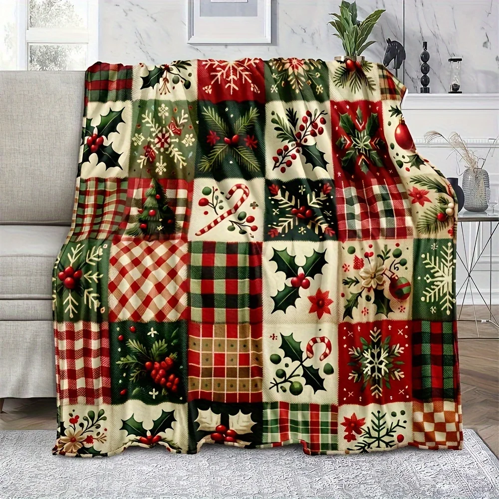 Christmas Joy Patchwork Fleece Blanket - Cozy Red & Green Holiday ,Perfect for Living Room or Bedroom Decor, Adds Festive Cheer