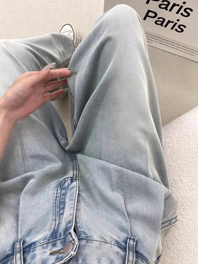 High Waist Wide Leg Jeans Women's Thin Ice Silk  Loose Slimming Autumn Pants Long Straight Tube Floor-Length Trousers