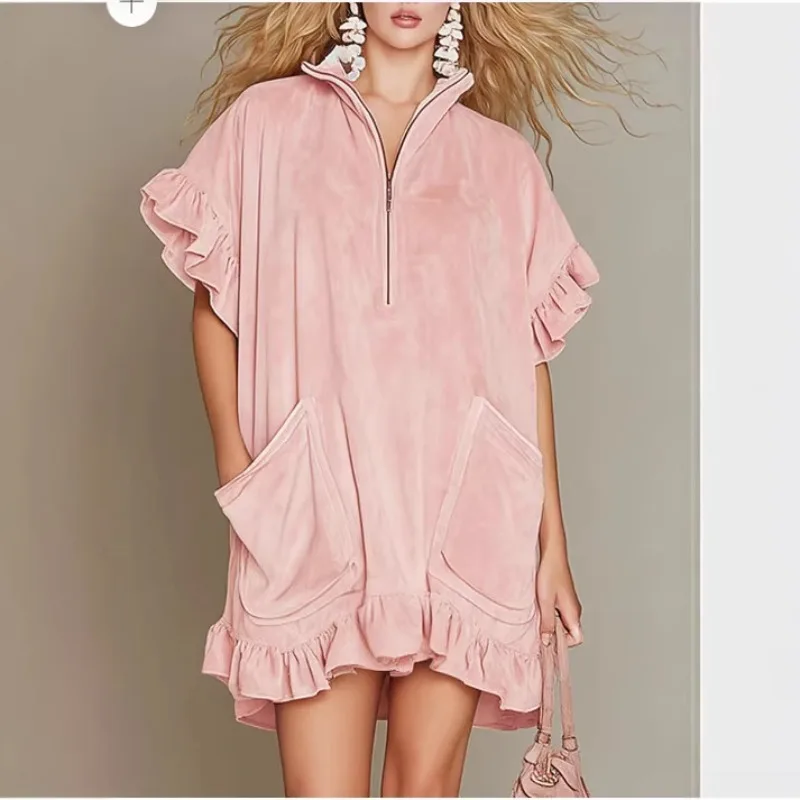 

2026 Spring and Summer New Short-sleeved Double-pocket Dress Zipper Ruffle A-shaped Skirt Women's