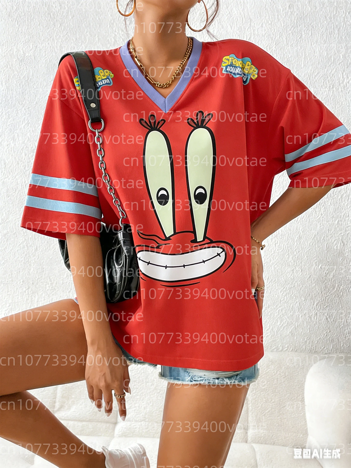 

Летние футболки с принтом в стиле Губки Боба, женские футболки с V-образным вырезом, женские свободные пуловеры с короткими рукавами