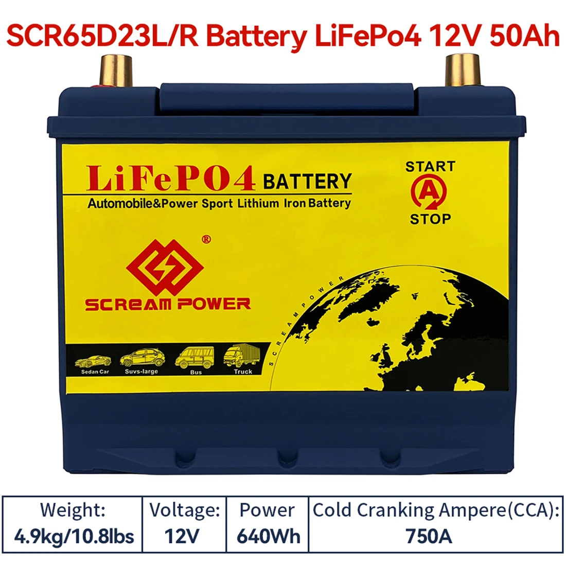 Lithium 65D23 12V 50AH 750CCA Motorcycle Battery Rechargeable Battery for ATV,Jet Ski,Scooter,PWC & More