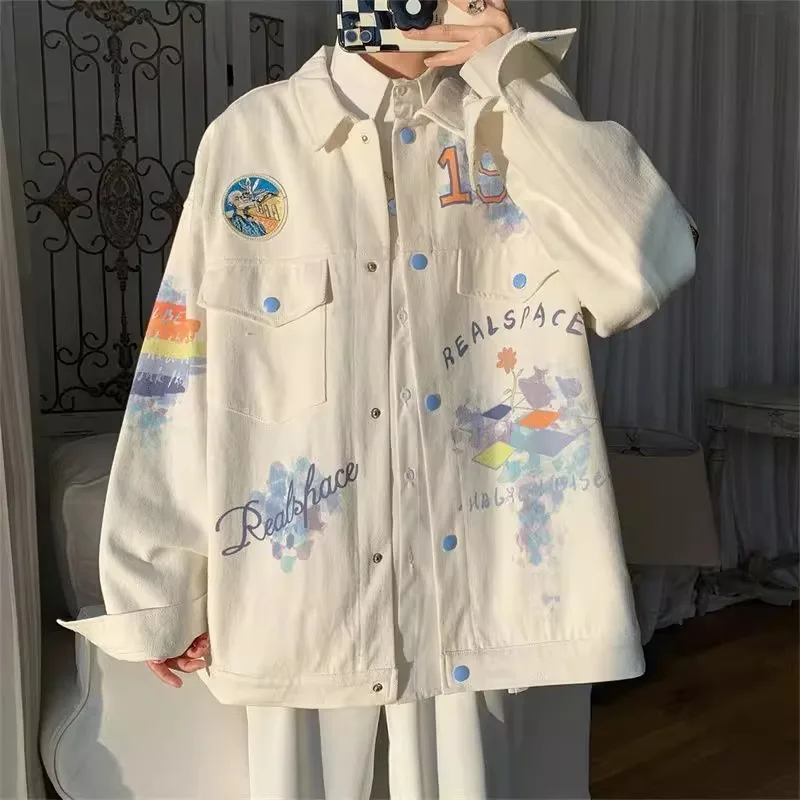 

Loose Fit Printed Collar Denim Jacket for Men Spring Autumn 2025 New Style Graffiti Design Youth Popular Japanese Style Coat