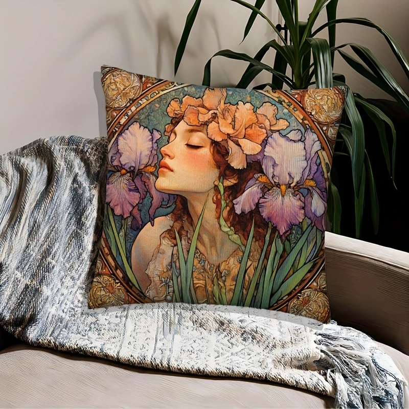 Art Nouveau Iris-Blumen-Kissenbezug, Vintage-Porträt-Mädchen-Druck, weicher Kissenbezug für Boho-Heimdekoration, Schlafzimmer-Dekoration, Geschenk