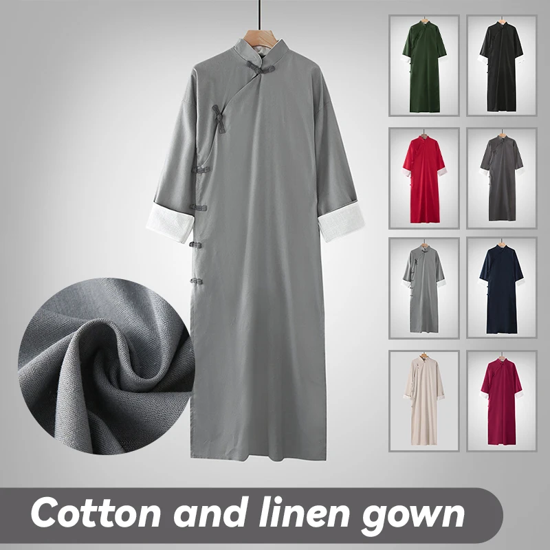 Chinese Style Traditional Tang Suit Kung Fu Gown Retro Male robe shirt Crosstalk Tunic Suit Pure Cotton Linen Gown Muslim robe