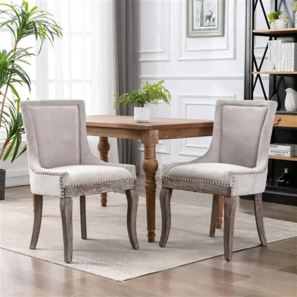 Furniture,Ultra Side Dining Chair，Thickened fabric chairs with neutrally toned solid wood legs， Bronze nail head，Set of 2，Beige