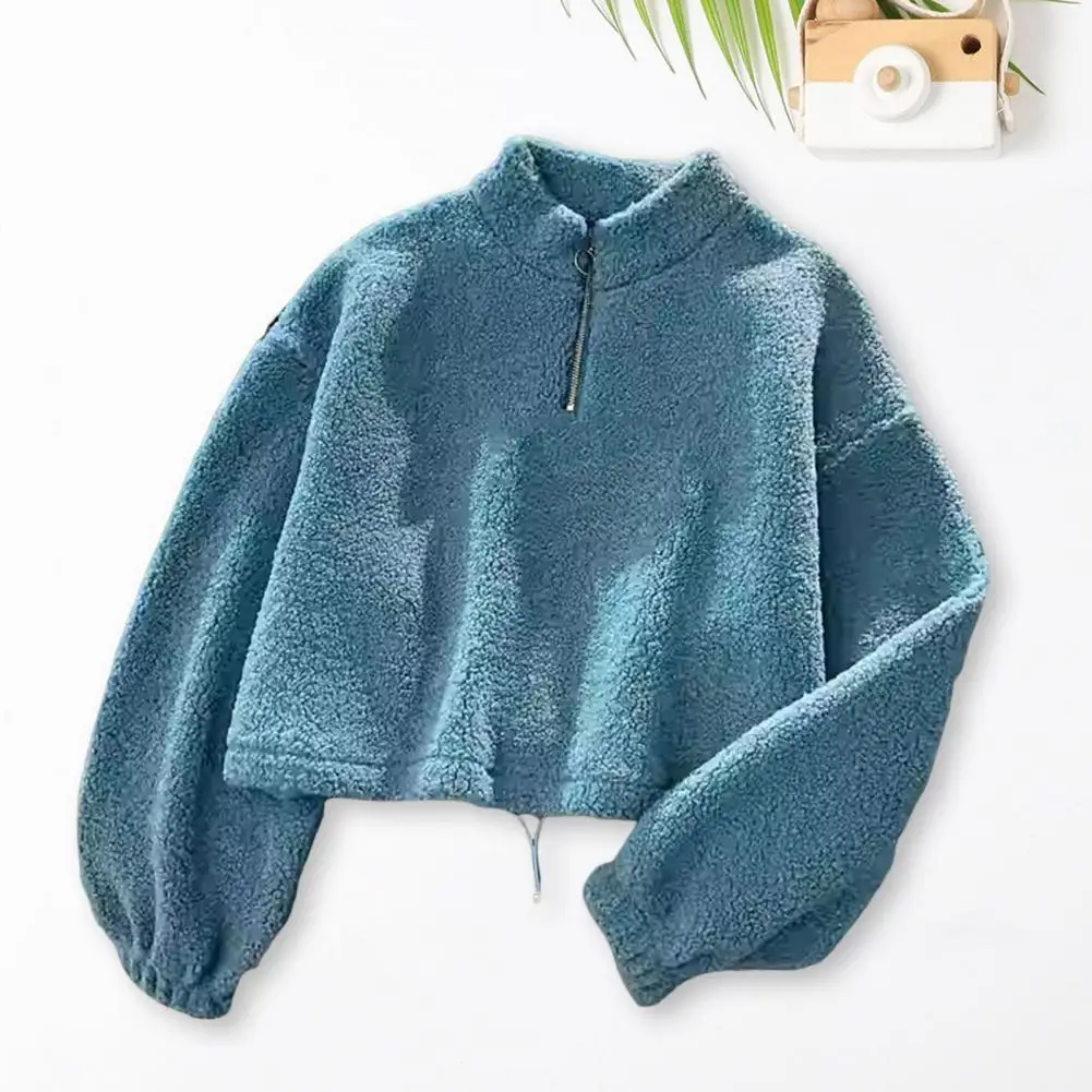 Fleece Sweatshirt Cozy Winter Fleece Zipper Coat for Women with Drawstring Hem Neck Stylish Half high Collar