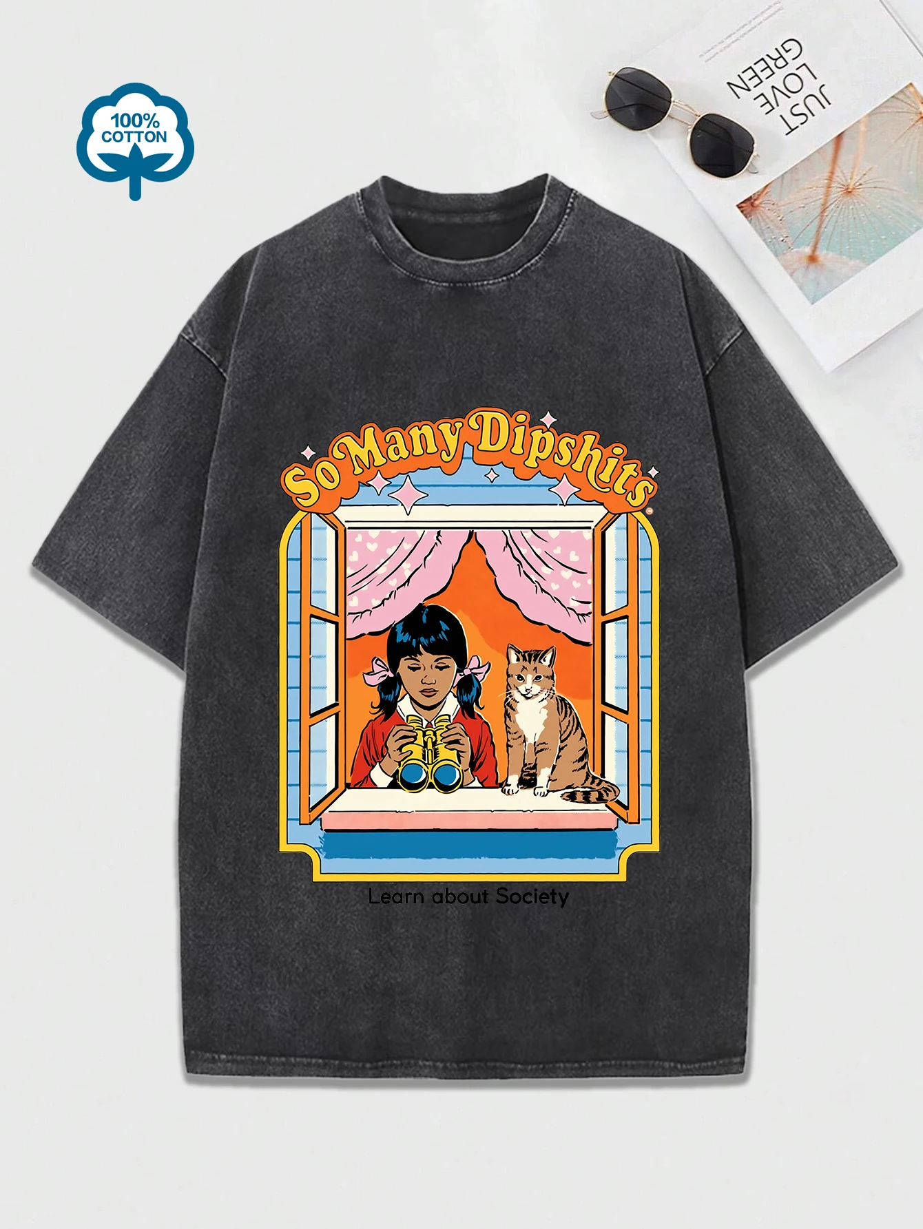 

Funny Comic Girl And Cat Printing Women Washed T Shirts Hip Hop Breathable Cotton T-Shirt Street Summer Fashion Distressed Tops