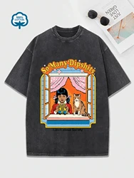 Funny Comic Girl And Cat Printing Women Washed T Shirts Hip Hop Breathable Cotton T-Shirt Street Summer Fashion Distressed Tops