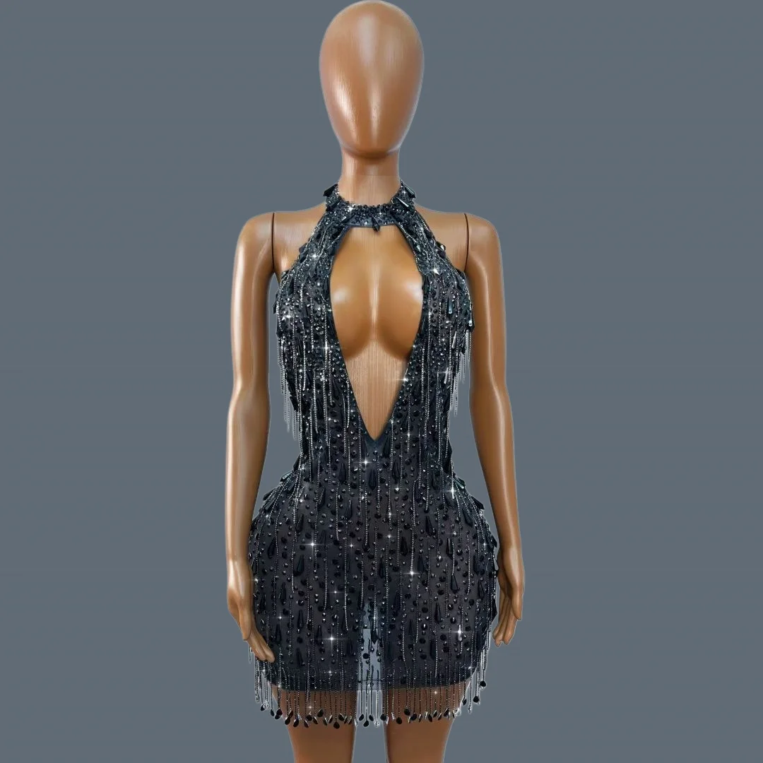 

Birthday Celebrate Party Deep V Neck Cocktail Dress Nightclub Prom Sexy Women Sparkly Rhinestone Tassel Mesh Outfit Wuxuanfeng