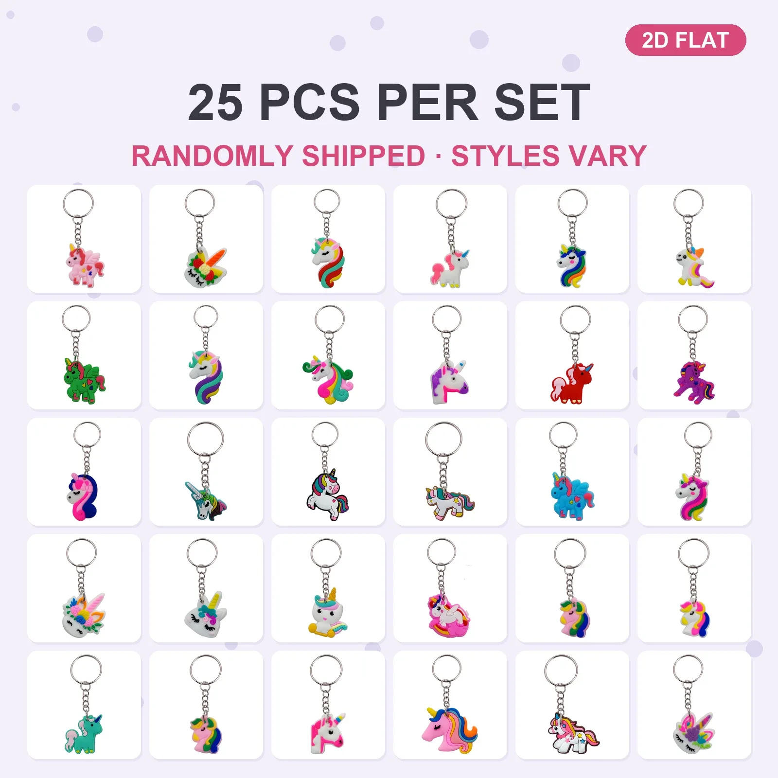 25 Pcs Soft PVC Unicorn Keychain Key Ring, 2D Flat Bag Charm for Girls, Styles Vary, Birthday Gift
