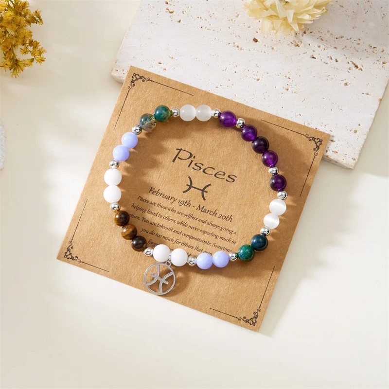 Minimalistische Bunte Naturstein-Perlenarmbänder für Damen und Herren, Modische Handgefertigte 12 Sternzeichen-Armbänder, Schmuck – Detail 26