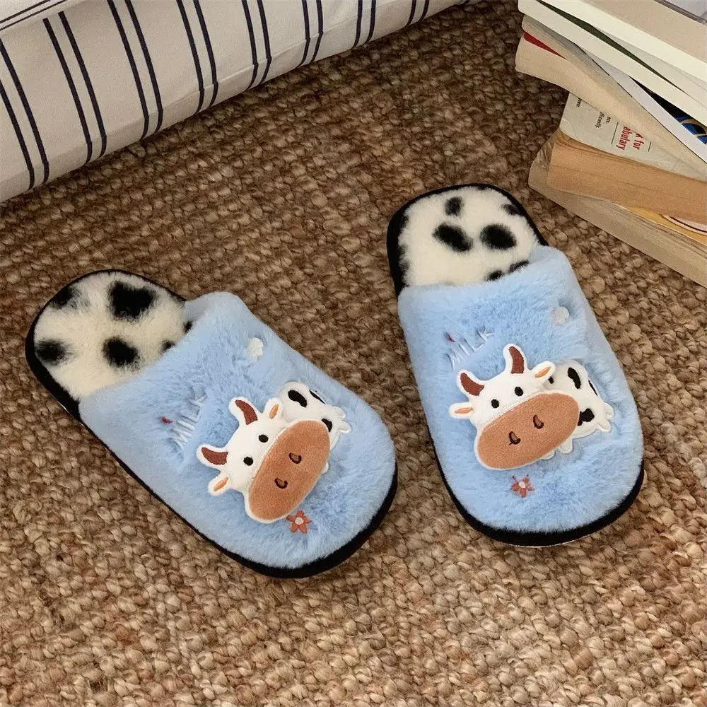 Creative cow fluffy slippers woman warm house shoes top quality couples lovers indoor slippers non-slip animal fur clogs