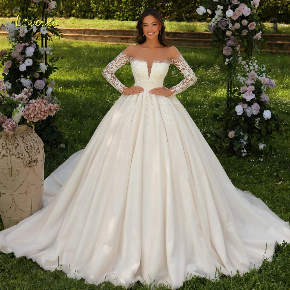 Loversxu כדור שמלת נסיכה שמלות כלה-הצוואר שרוול ארוך וסטידו דה נוביה תחרה חרוזים ערפיקים מותאם אישית כלה