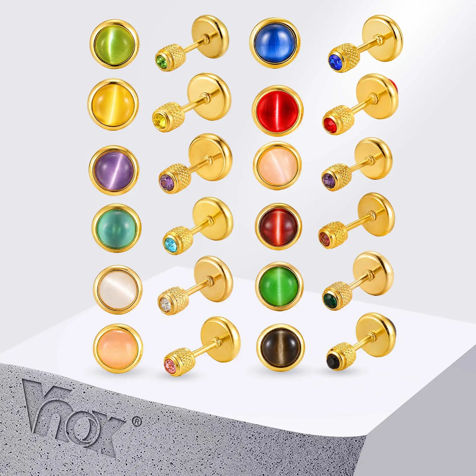 Vnox Trendy Birthstone Screws Piercing Stud Earrings for Women Multicolored Cat's Eye Stones Earring Jewelry Daily Party Gifts
