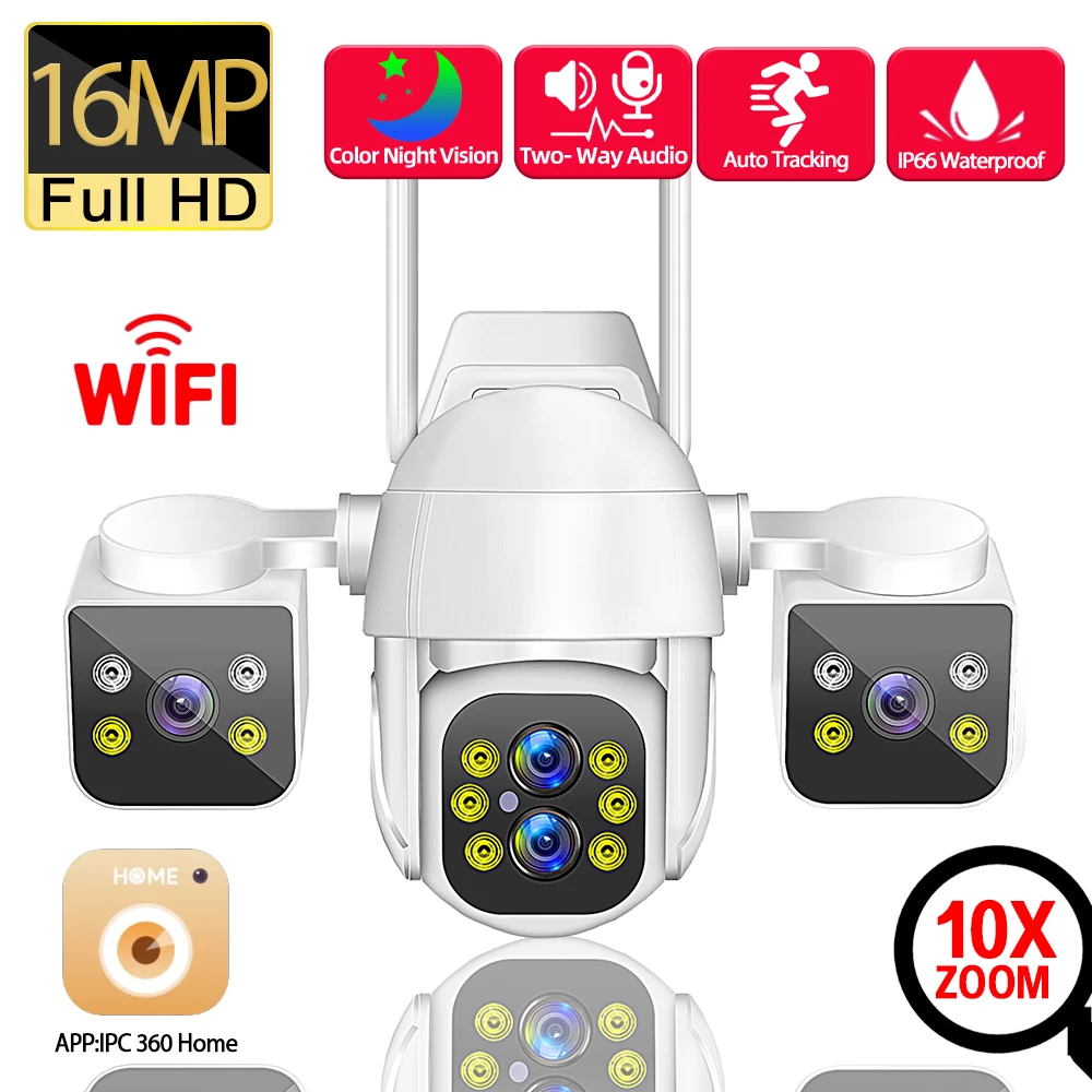 

16-мегапиксельная 4K Wi-Fi PTZ-камера безопасности с 10-кратным зумом, уличная четыре объектива, три экрана, автоматическое отслеживание, беспроводная камера видеонаблюдения