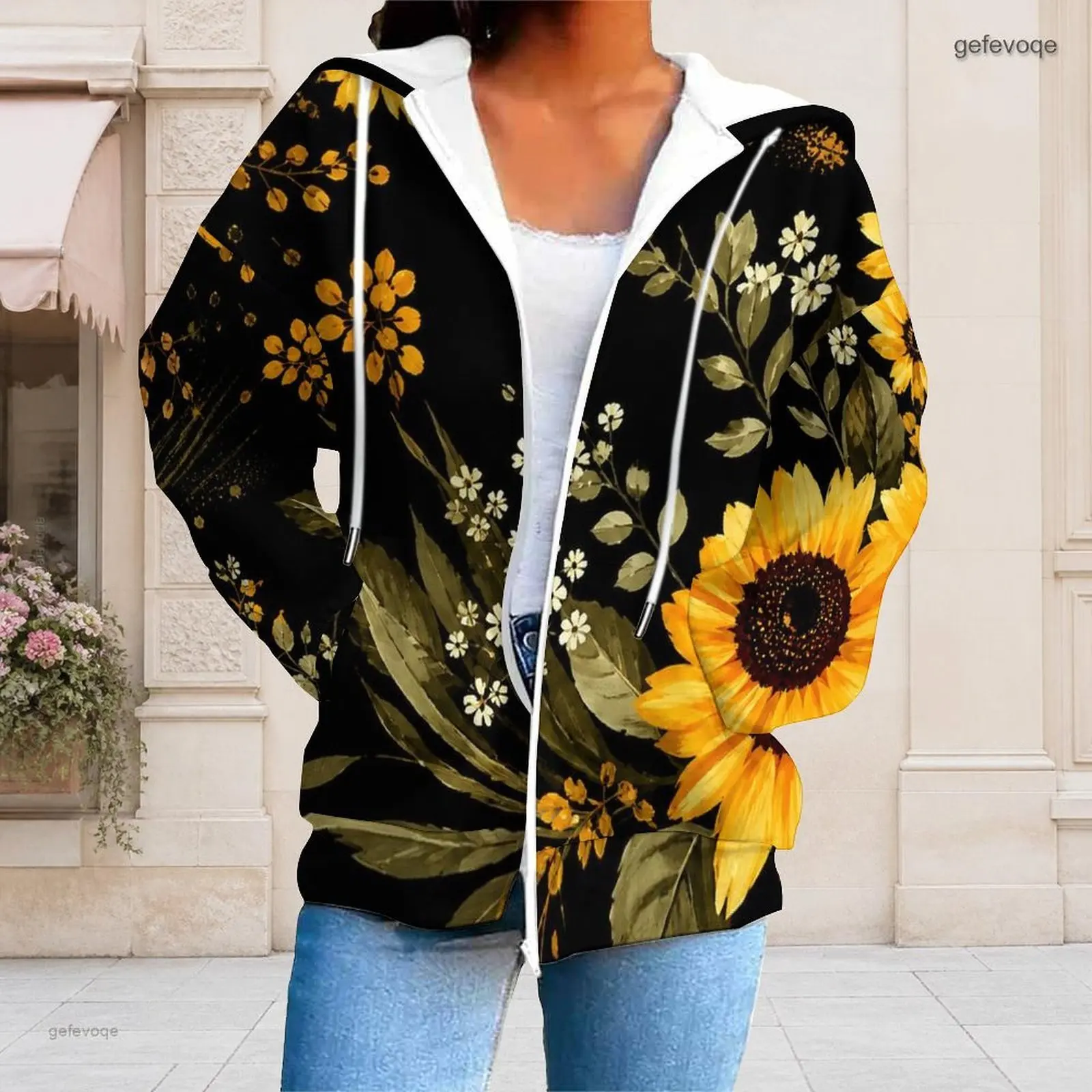 Women Sunflower Floral Printed Zip Up Long Sleeve Hoodie with Pockets