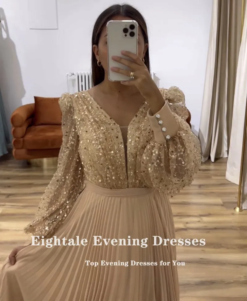 Eightale Elegant Evening Dress Champagne V-Neck Sequin Long Sleeves Customized Chiffon Prom Party Gown Arabic Robes De Soirée