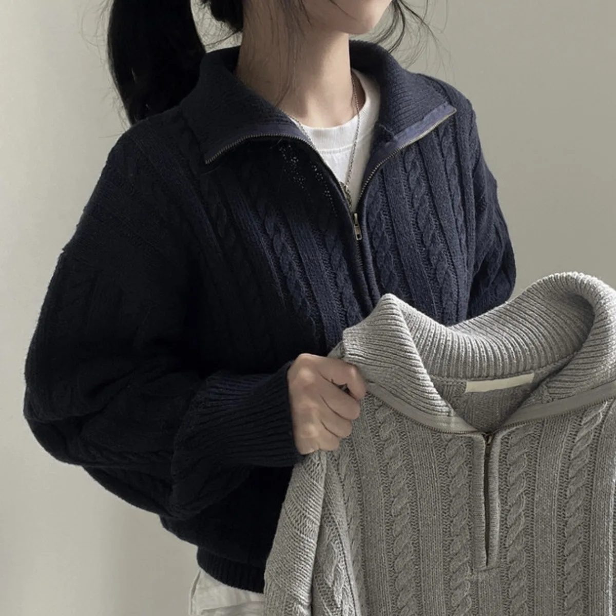 Suéter de punto de gran tamaño para mujer, Jersey Vintage holgado de manga larga con cremallera, Cuello medio alto, coreano, Otoño, 2023