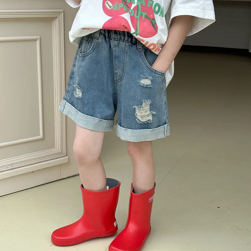 Children Clothing Kids Hot Pants 2024 Summer New Fashionable Girls Korean Style Casual Chic Rolled Hem Ripped Denim Shorts