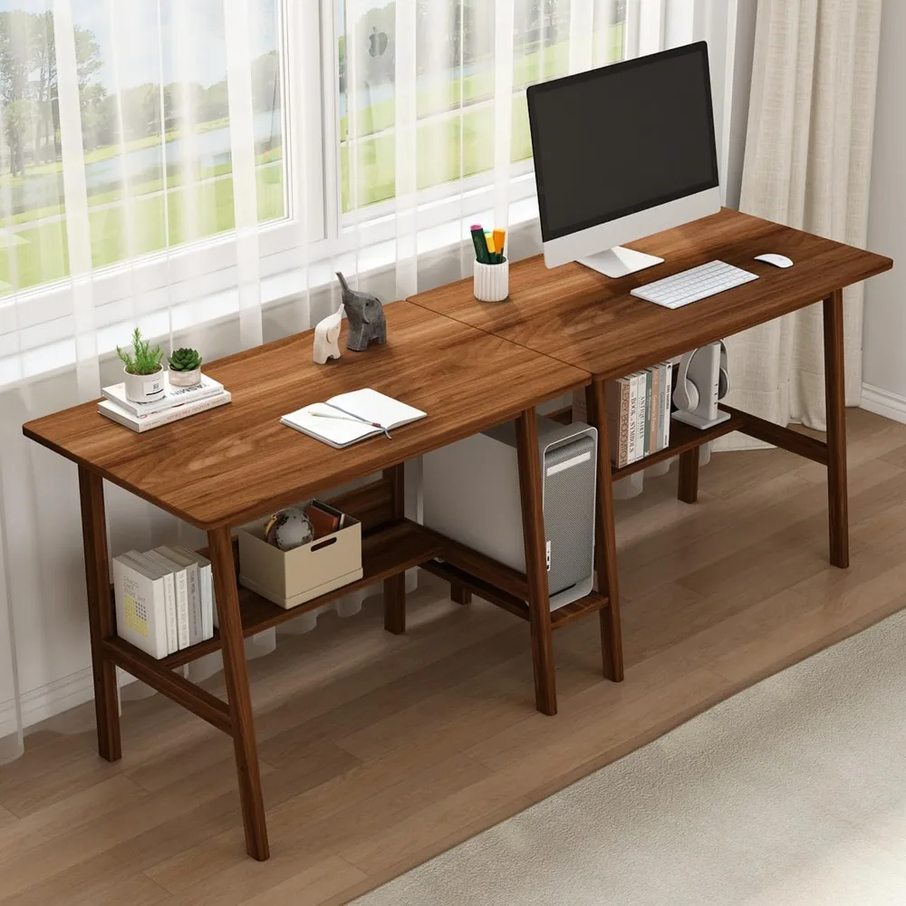 

2-Person Writing Desk with Bookshelf - 79" Wooden Extra Long Home Office Work Table, Double Study Computer Workstation with Stor