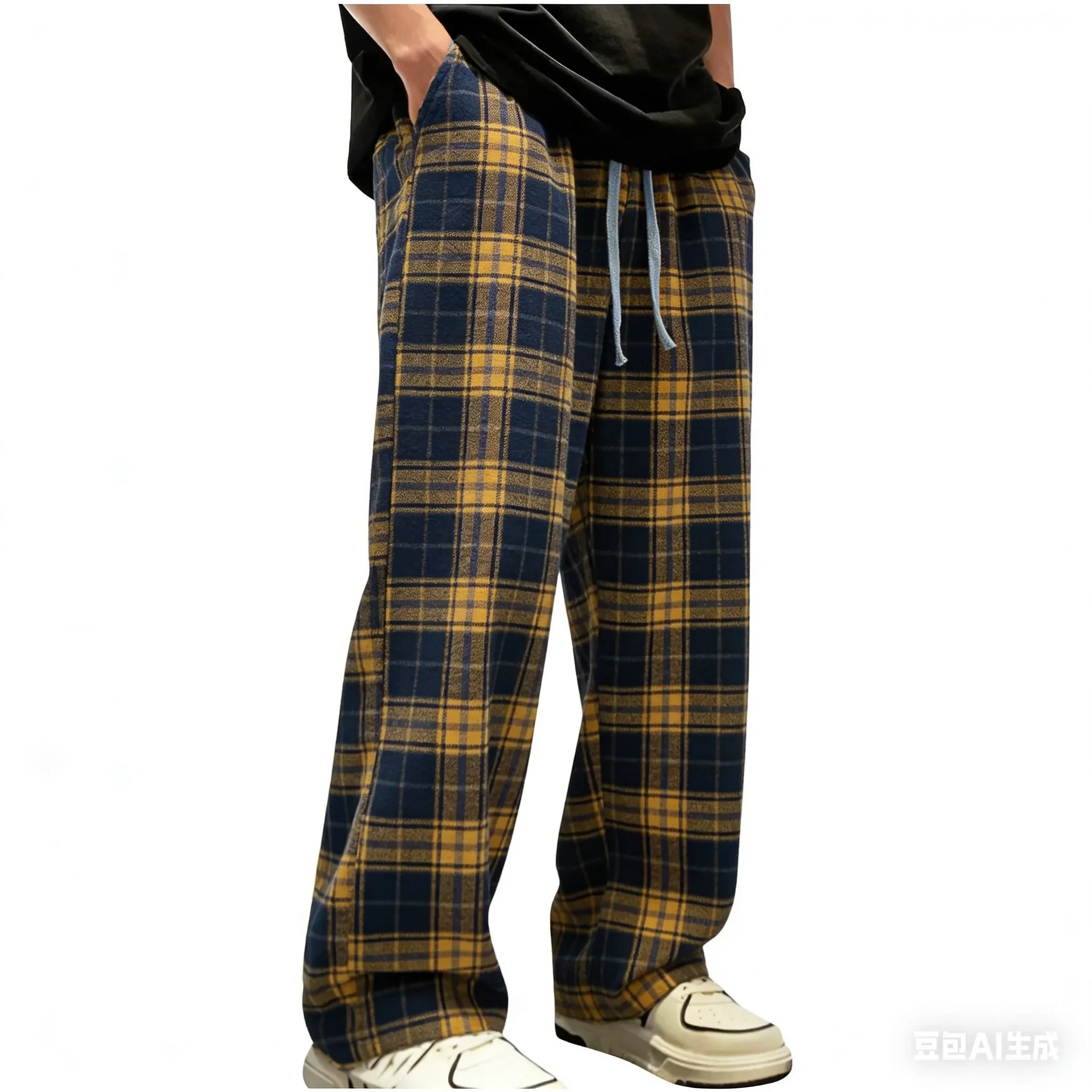 Mens Retro Yellow Blue Checkered Pants Elastic Waist Drawstring Loose Wide Leg Streetwear Casual Trousers