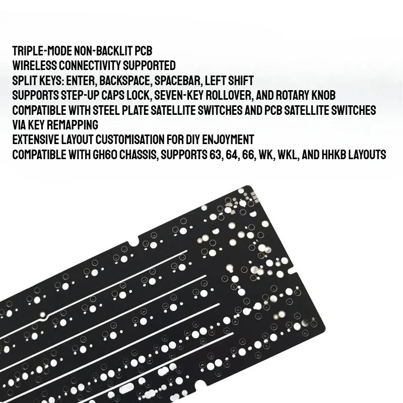 

GH60 Печатная плата клавиатуры Трехрежимная беспроводная 2,4G No-Light Edition Пользовательская печатная плата Bluetooth с горячей заменой Механическая пластина позиционирования клавиатуры