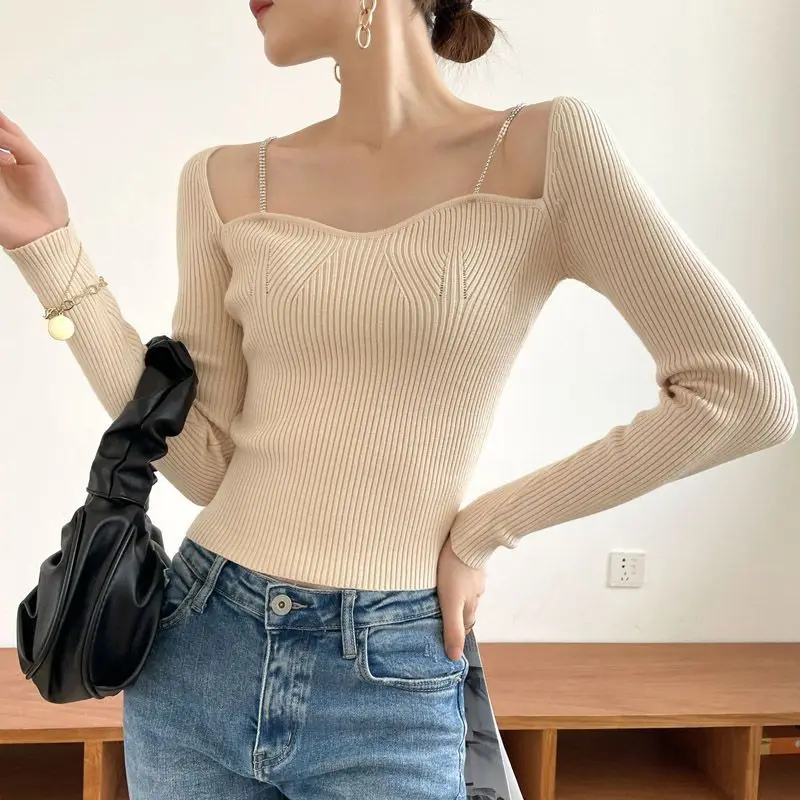 Black Sweater Women\'s Clothes Square Neck Fashion Vintage Lazy Wind  Winter Female Long Sleeve Knitting Pullover Tops  Slim